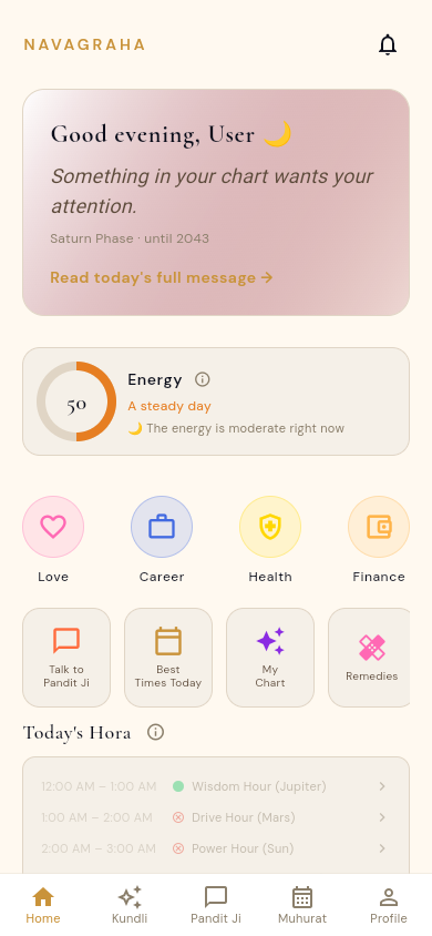 Navagraha home screen with a personalized daily message, energy meter, and quick actions for love, career, health, and finance
