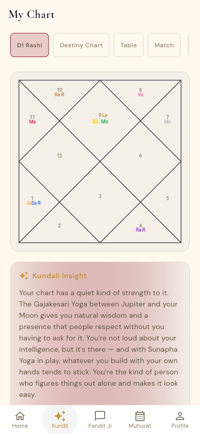 Navagraha birth chart screen showing a North Indian style Kundli with an AI-generated Kundali Insight below it